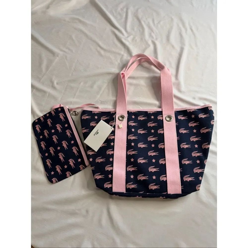 NWT Lacoste Special Edition Navy Pink Crocodile Print Shopping Tote Bag w/ Pouch